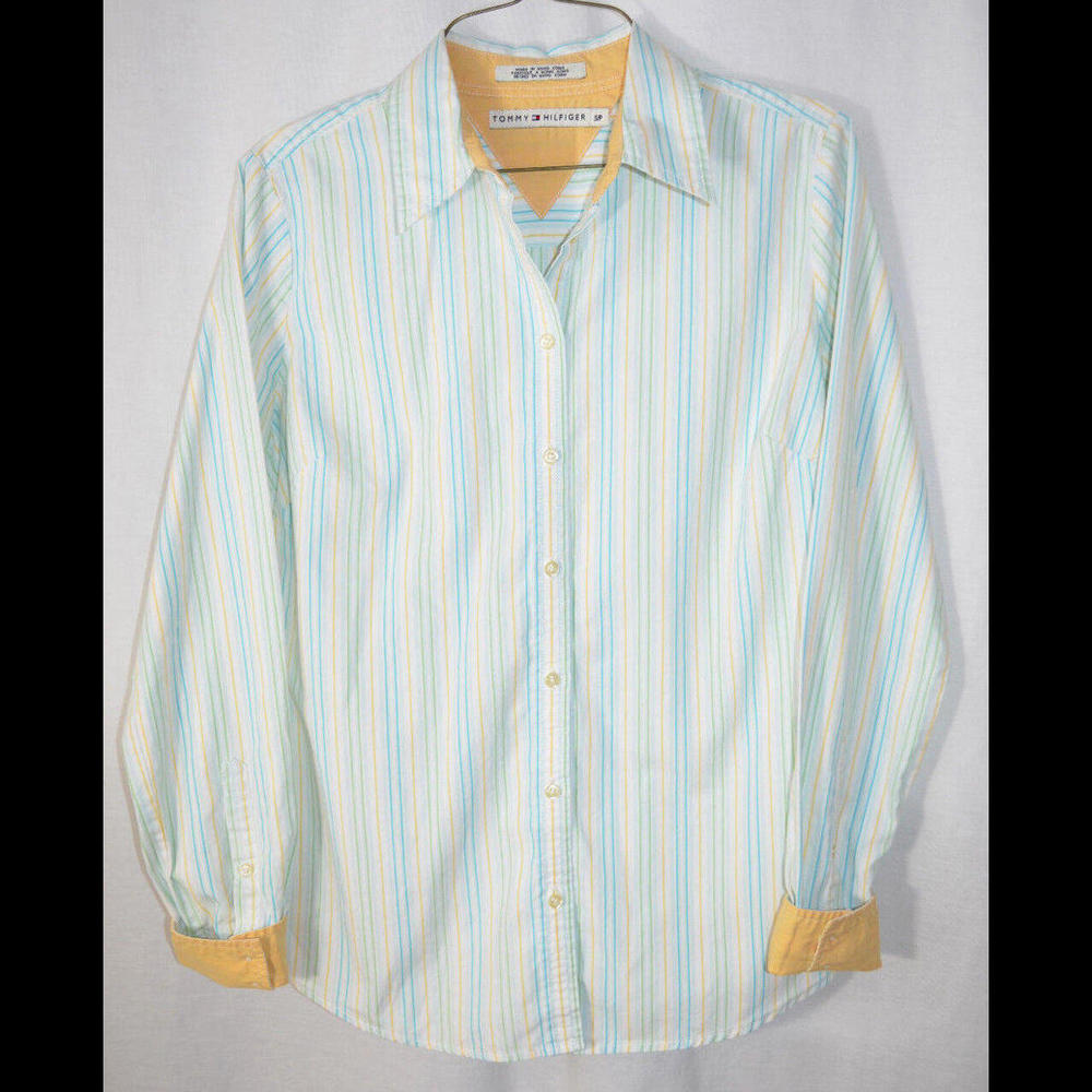 Tommy Hilfiger Blouse White w/Teal/Green/Yellow Stripes Cotton L/S Women's S